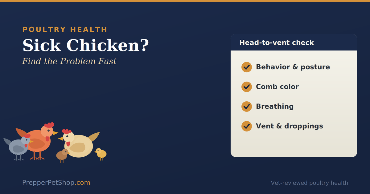Sick chicken symptom checker: watch behavior, check comb vent breathing and droppings, match the symptom to a guide, and know the red flags, beside a hen